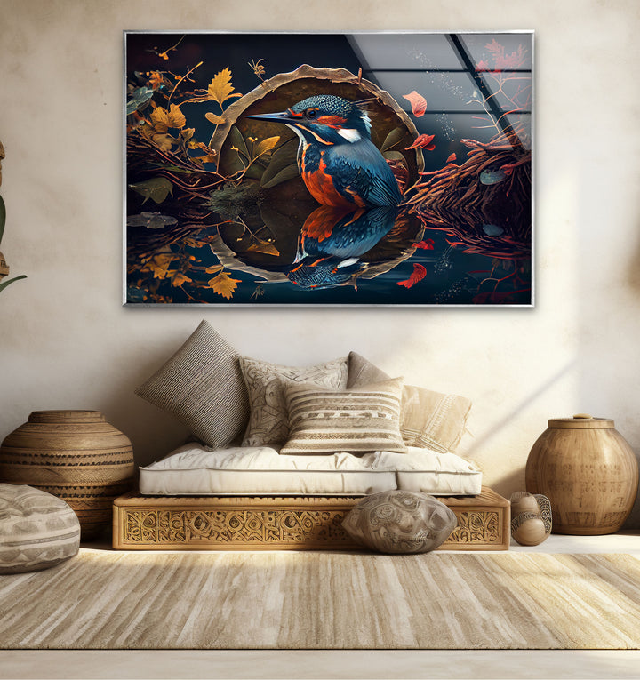 Eisvogel-Reflexion Wandkunst – Herbstwaldvogel-Glasdruck-Design