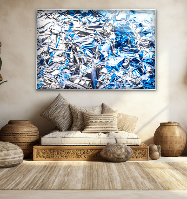 Crinkled Silver Foil Wall Art – Abstract Metallic Texture Glass Print