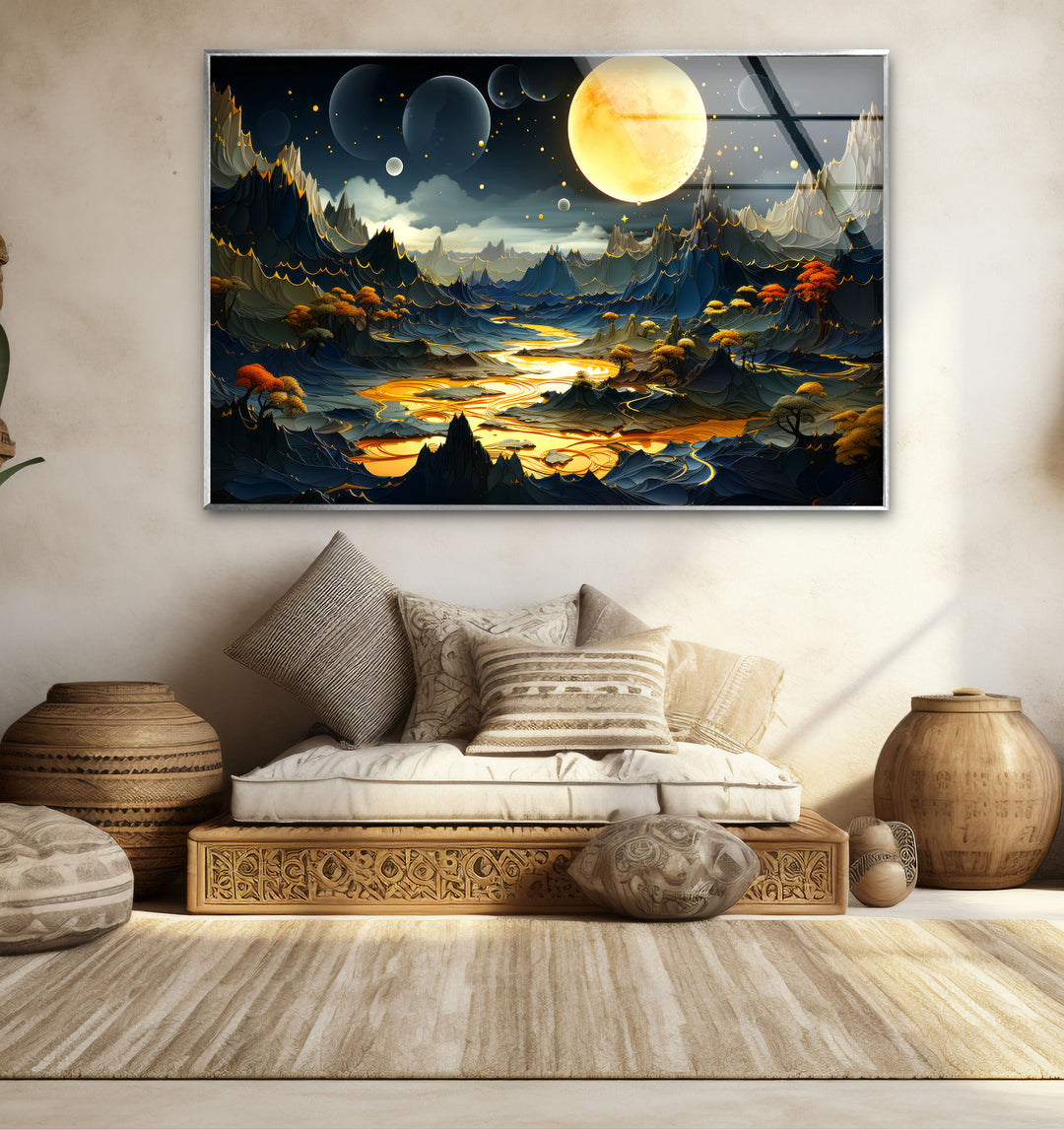Fantasy Moonlit Landscape Wall Art – Surreal Glass Print with Golden River