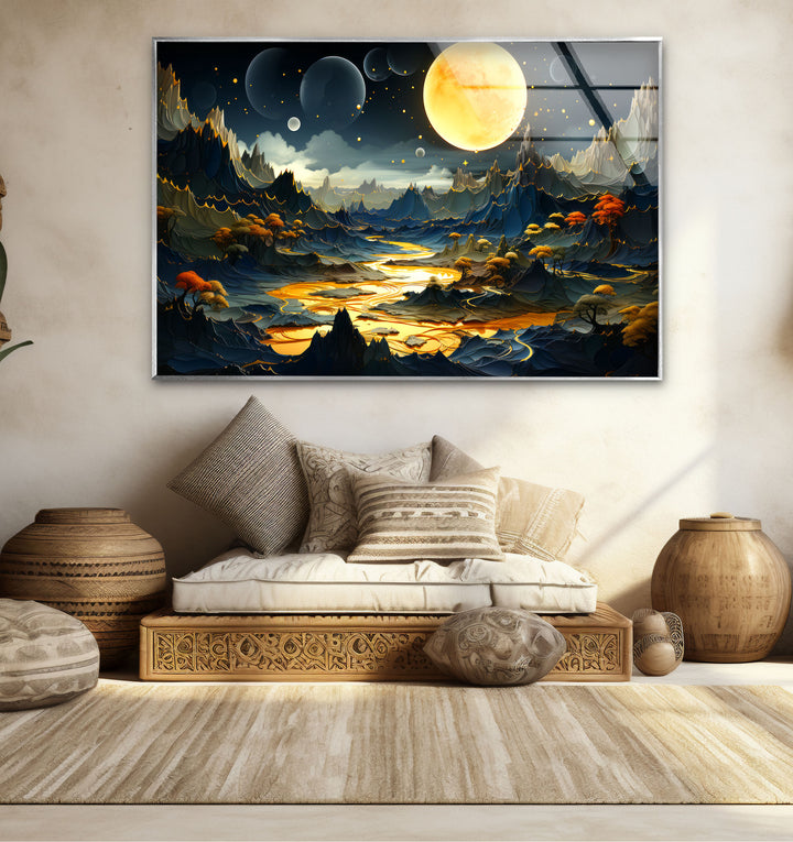 Fantasy Moonlit Landscape Wall Art – Surreal Glass Print with Golden River