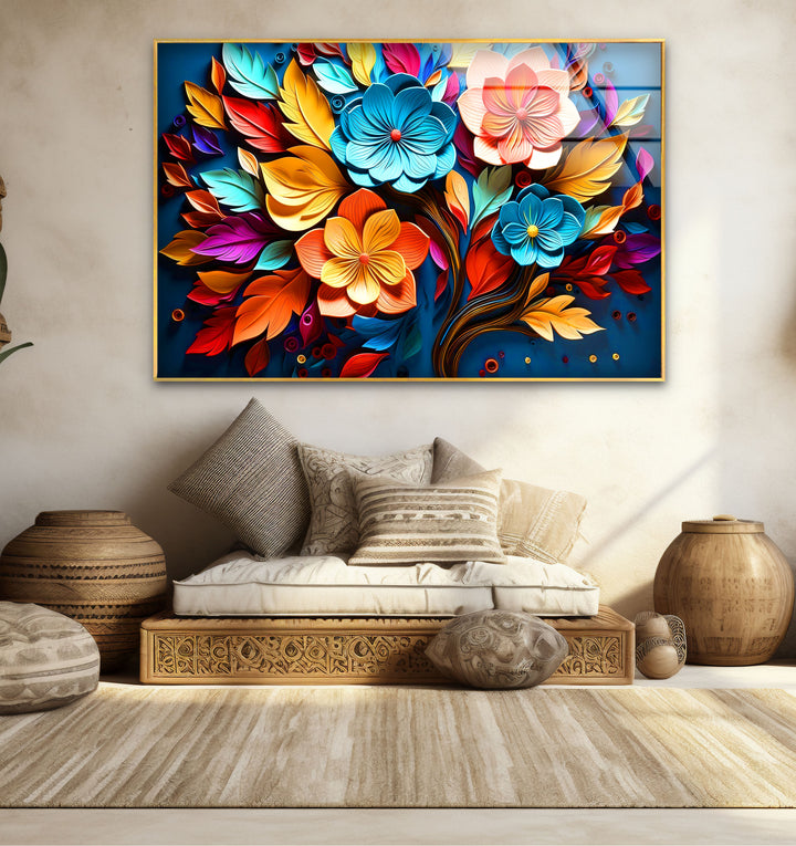 Lebendige florale Explosions-Wandkunst – Buntes Blumendesign aus gehärtetem Glas