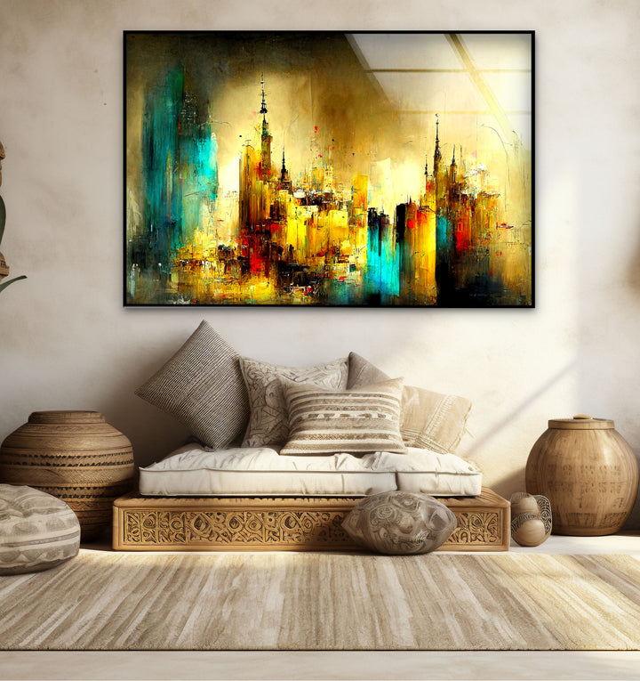 Abstract Cityscape Wall Art – Golden and Teal Urban Glass Print Design