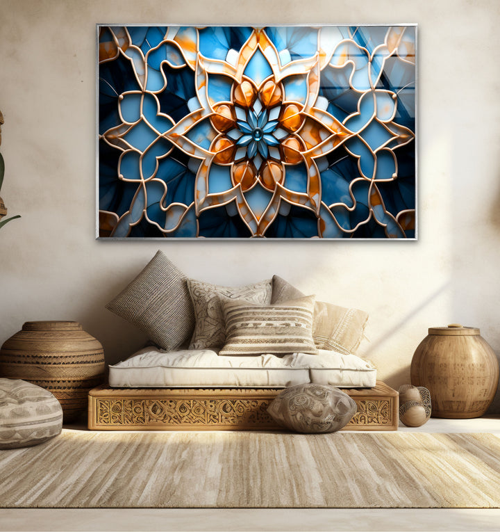 Blue & Amber Geometric Wall Art – Islamic Mandala Glass Print for Modern Interiors