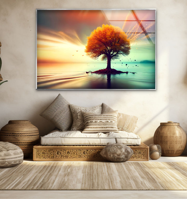 Schwebende Herbstbaum-Wandkunst – Ruhiges Landschafts-Glasdruck-Design