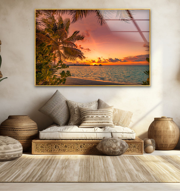 Tropical Sunset Beach Wall Art – Palm Tree Ocean View Glass Print