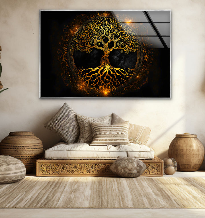 Wandkunst „Baum des Lebens“ – Leuchtendes goldenes Design mit Wurzeln und Zweigen auf Glas