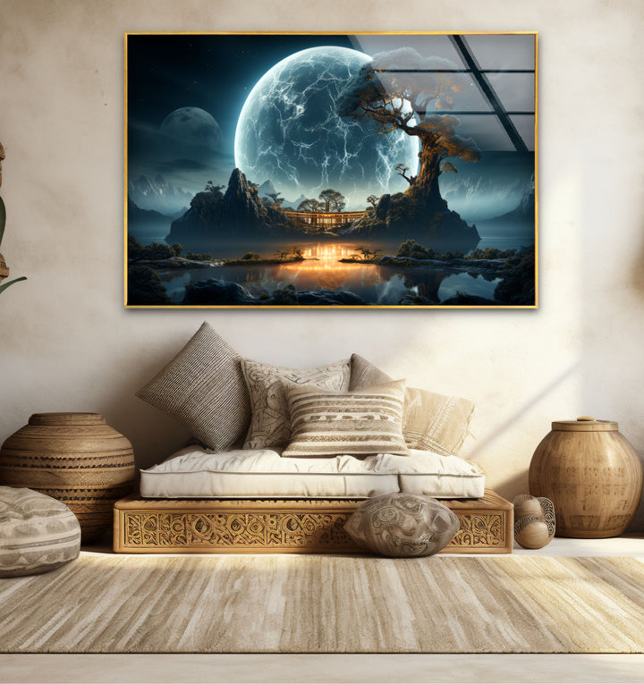 Moonlit Zen Temple Wall Art – Futuristic Landscape Glass Print