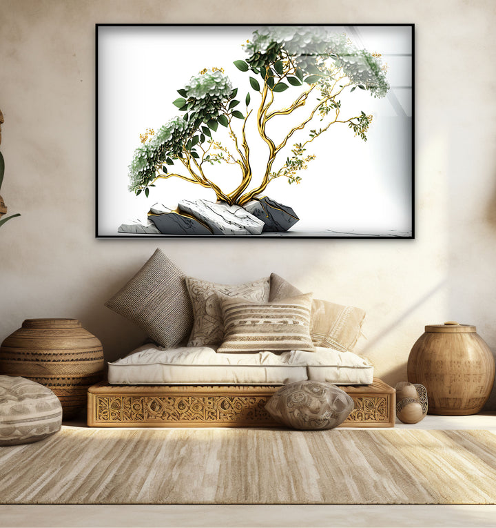 Goldene Bonsai-Baum-Wandkunst – Weißer Blumenglasdruck mit Marmorsteinen