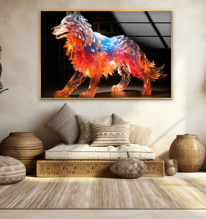 Glowing Wolf Wall Art – Abstract Fiery Glass Sculpture Print Design