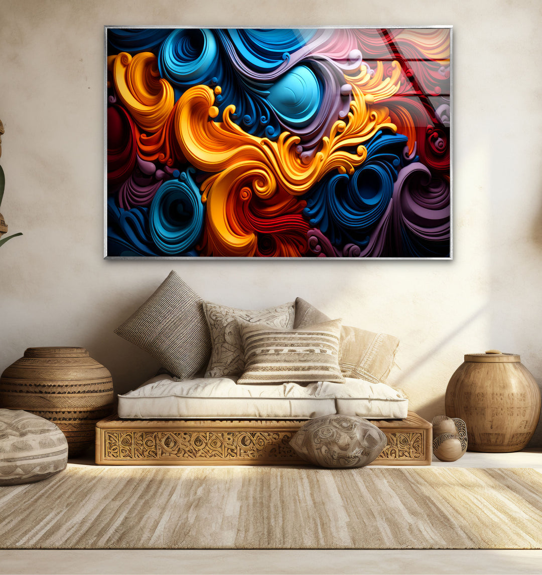 Vibrant Swirl Glass Wall Art – Bold Abstract Color Wave Design