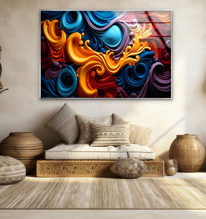 Vibrant Swirl Glass Wall Art – Bold Abstract Color Wave Design