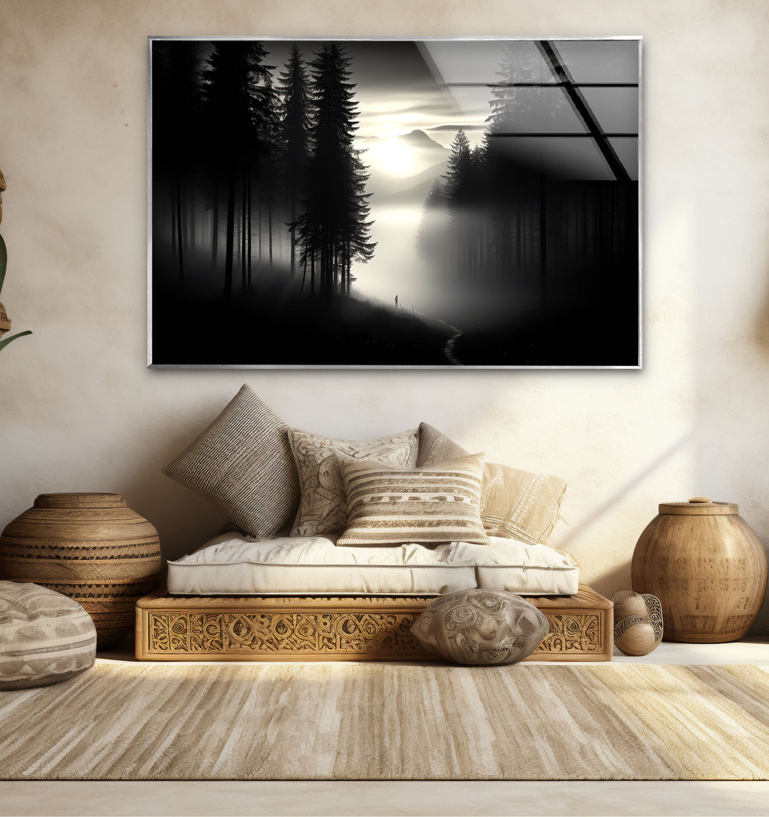 Foggy Forest Black and White Wall Art – Minimalist Glass Print Decor