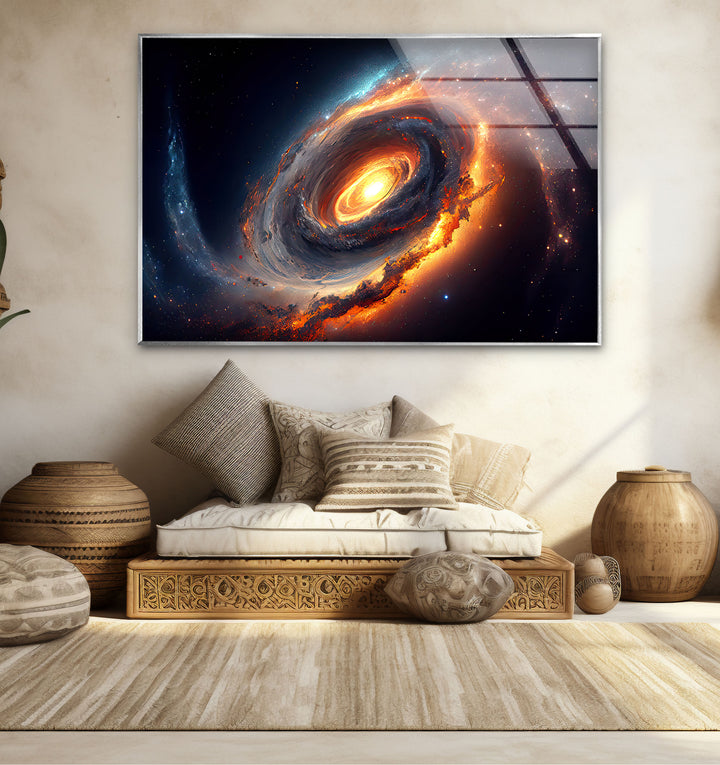 Feurige Galaxie-Spiralwandkunst – Glasdruck mit Weltraumnebel 