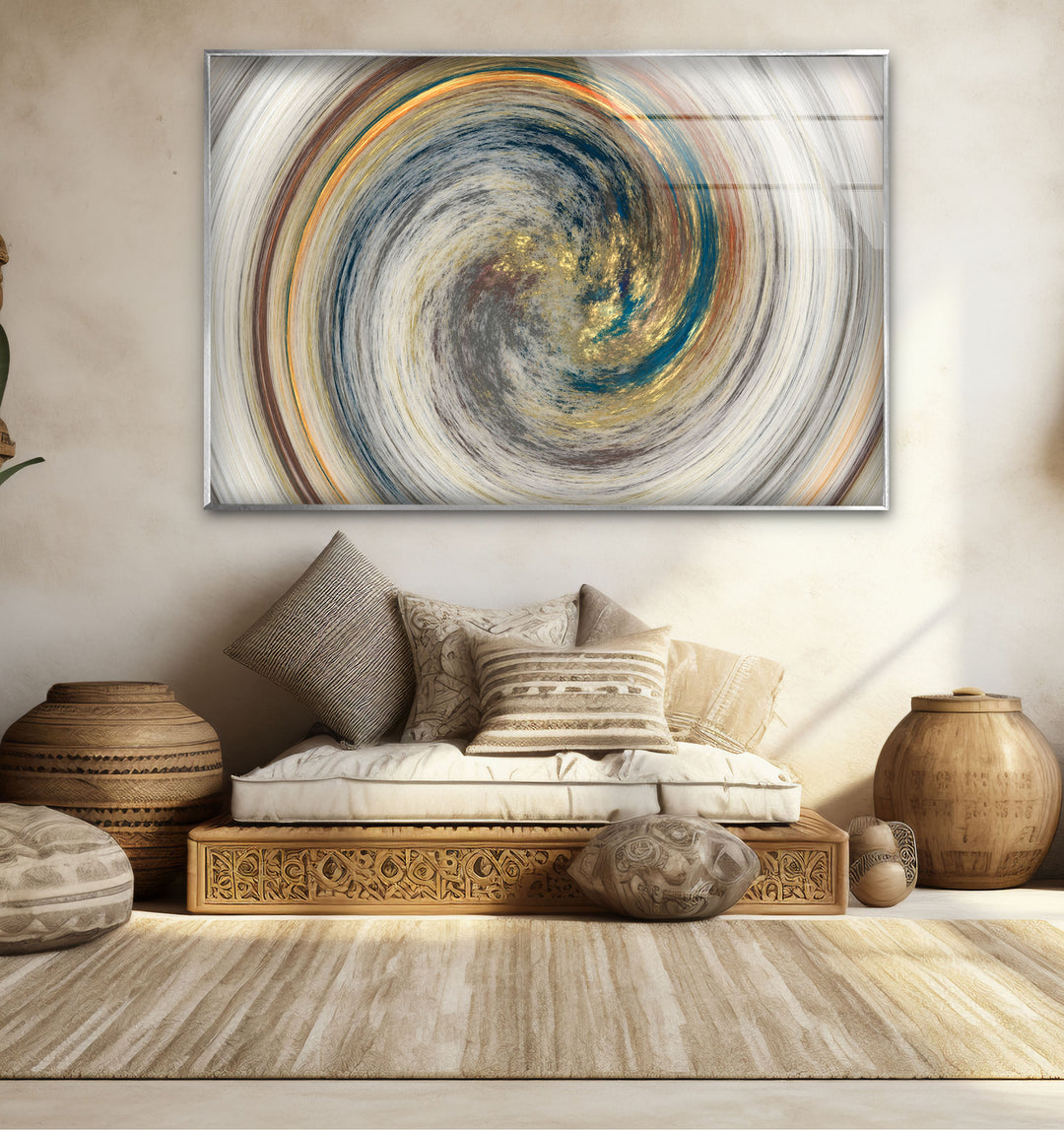 Golden Spiral Vortex Wall Art – Modern Abstract Swirl Glass Print