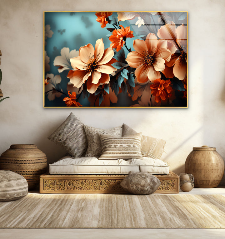 Orange Bloom Floral Wall Art – Modern Botanical Glass Print