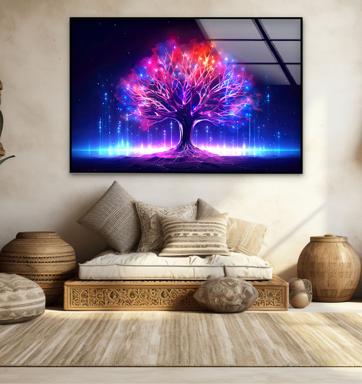 Leuchtende Fantasy-Baum-Wandkunst – Abstraktes Glasdruckdesign mit Neonlicht