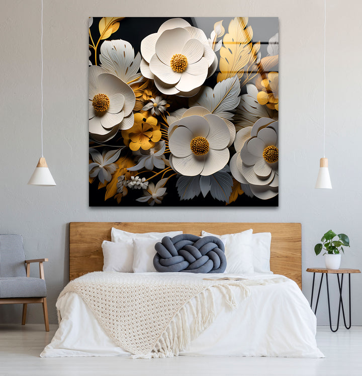 Luxuriöse florale Glaswandkunst – Gold- und weißes 3D-Blumendesign 