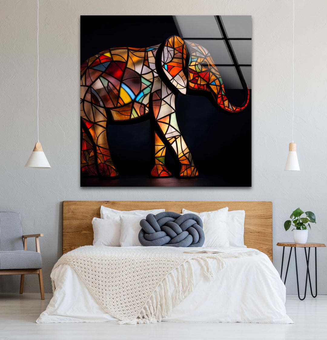 Stained Glass Elephant Wall Art – Colorful Animal Glass Print for Modern Decor