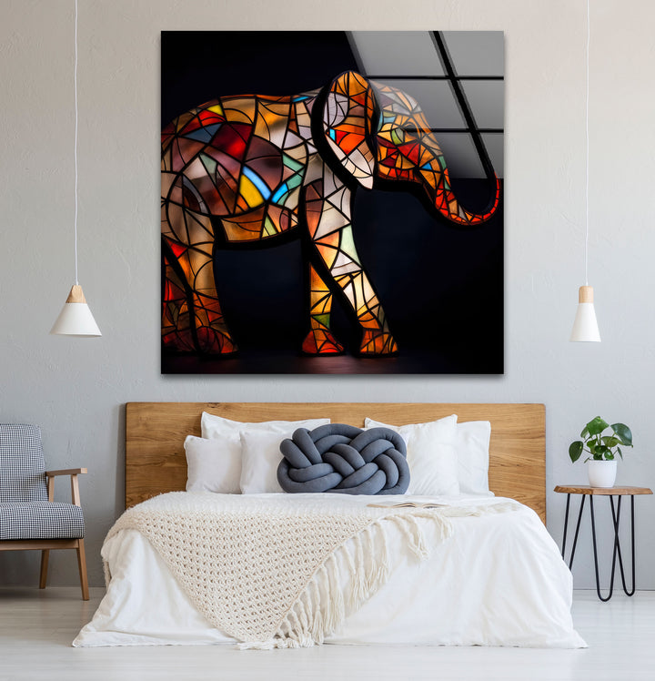 Stained Glass Elephant Wall Art – Colorful Animal Glass Print for Modern Decor