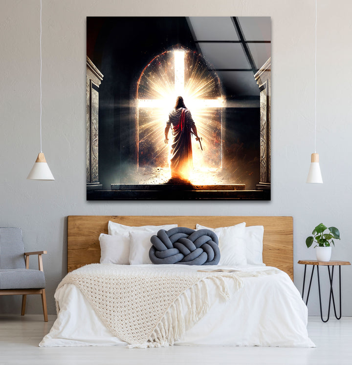 Jesus steht vor dem strahlenden Kreuz – Christlicher Wandbild-Glasdruck