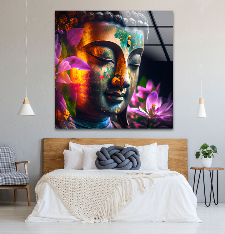 Colorful Buddha Wall Art – Floral Enlightenment Glass Print