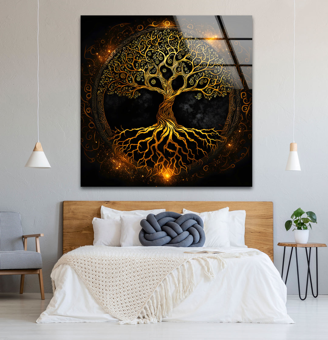 Wandkunst „Baum des Lebens“ – Leuchtendes goldenes Design mit Wurzeln und Zweigen auf Glas
