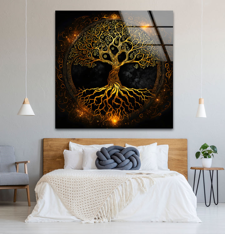 Wandkunst „Baum des Lebens“ – Leuchtendes goldenes Design mit Wurzeln und Zweigen auf Glas