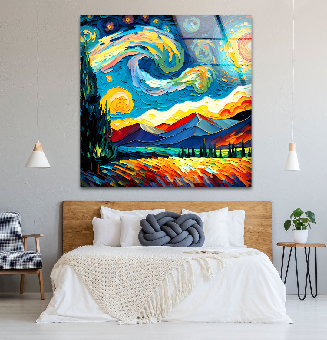 Sternennacht-Landschaftswandkunst – Van Gogh inspirierter bunter Glasdruck