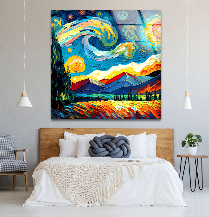 Sternennacht-Landschaftswandkunst – Van Gogh inspirierter bunter Glasdruck