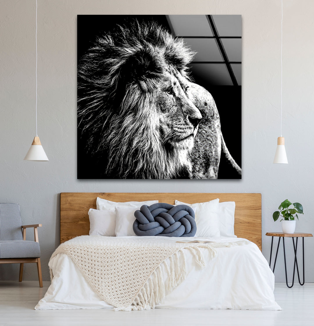 Black and White Lion Wall Art – Majestic Wildlife Glass Print Design