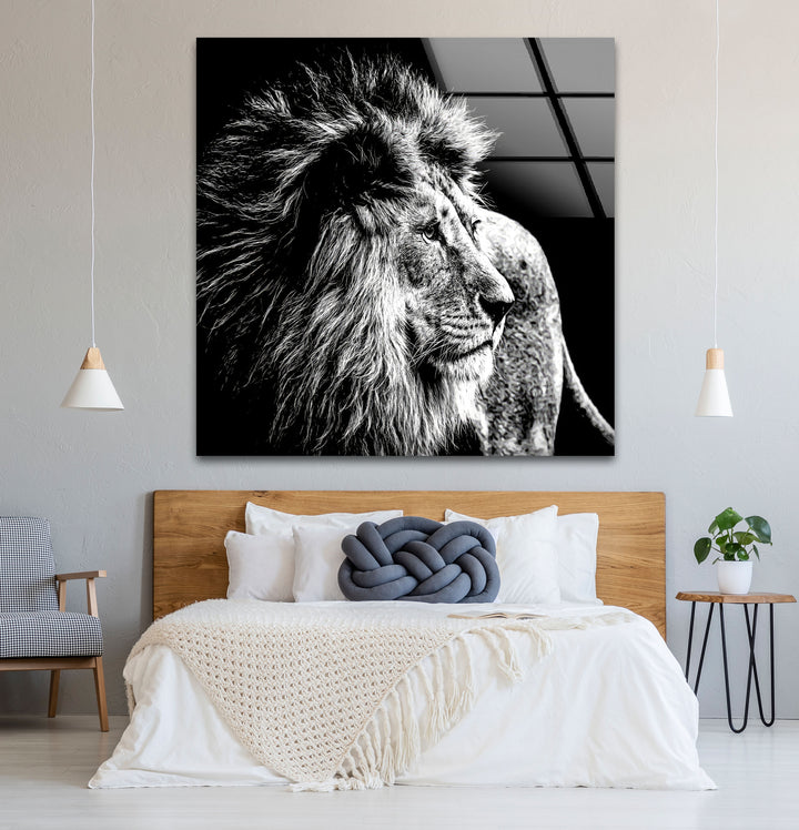 Black and White Lion Wall Art – Majestic Wildlife Glass Print Design