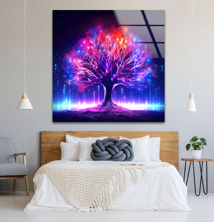 Leuchtende Fantasy-Baum-Wandkunst – Abstraktes Glasdruckdesign mit Neonlicht