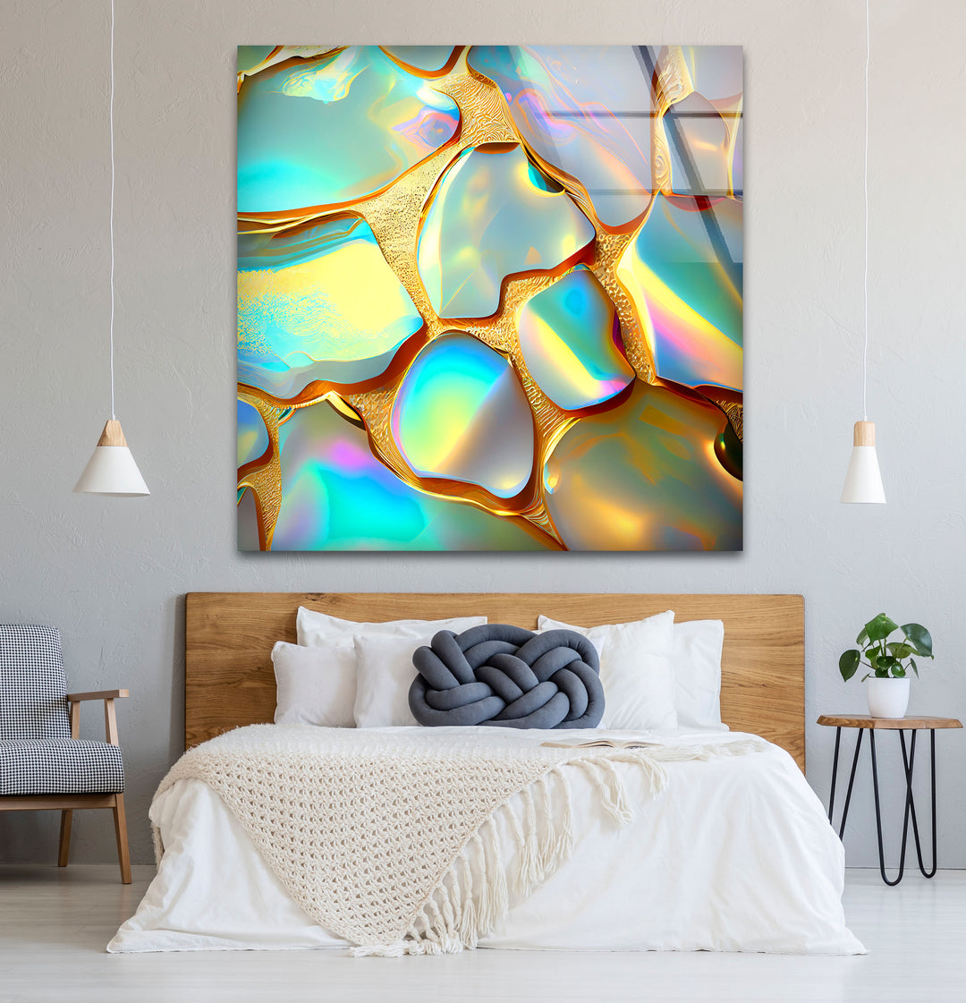 Iridescent Abstract Wall Art – Gold and Rainbow Glass Print Design