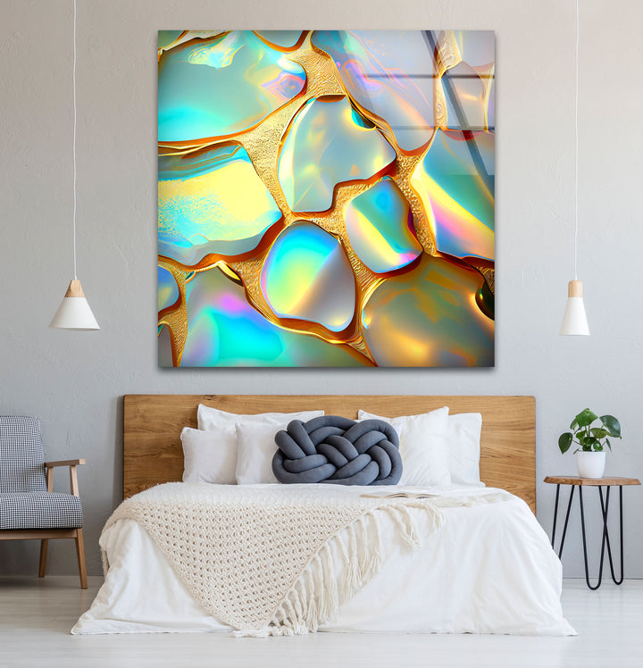 Iridescent Abstract Wall Art – Gold and Rainbow Glass Print Design