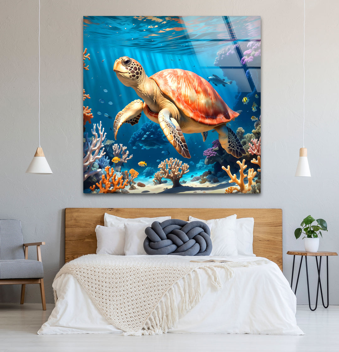 Sea Turtle Underwater Wall Art – Coral Reef Ocean Scene Glass Print