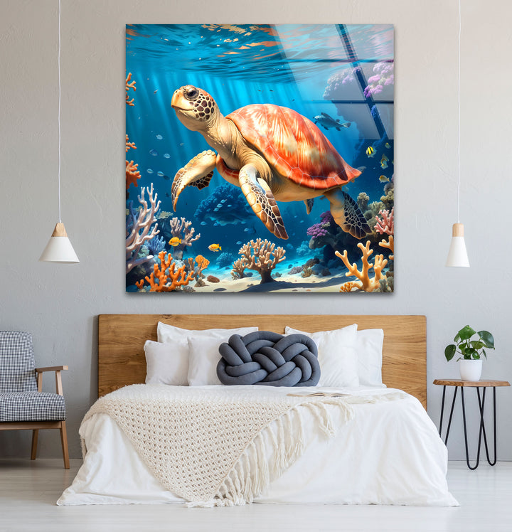 Sea Turtle Underwater Wall Art – Coral Reef Ocean Scene Glass Print