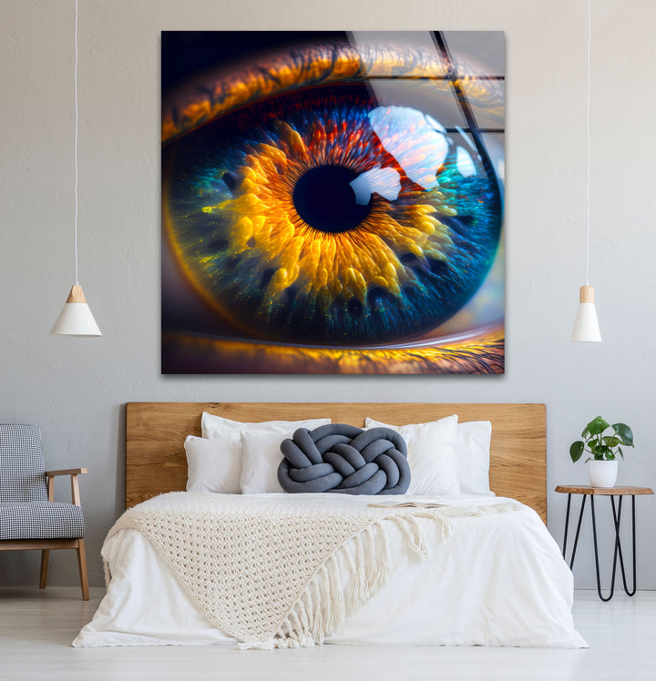 Feurige abstrakte Augen-Wandkunst – Lebendiges Iris-Glasdruck-Design