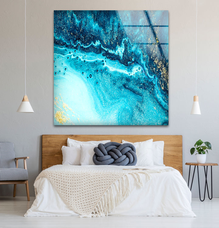 Blue and Gold Abstract Wall Art – Ocean-Inspired Glass Print Design