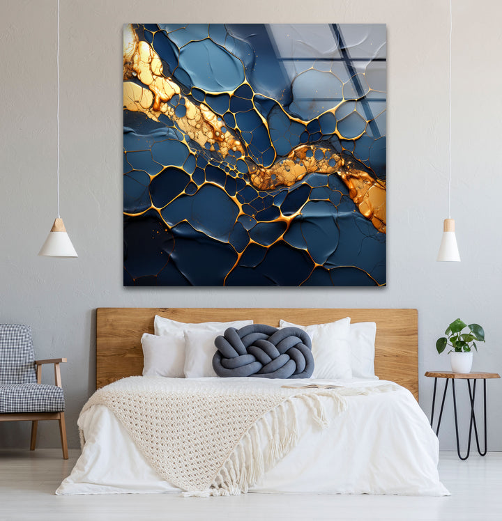 Dark Blue and Gold Abstract Wall Art – Cracked Fluid Glass Print Design