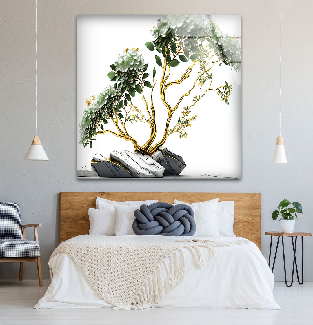 Goldene Bonsai-Baum-Wandkunst – Weißer Blumenglasdruck mit Marmorsteinen