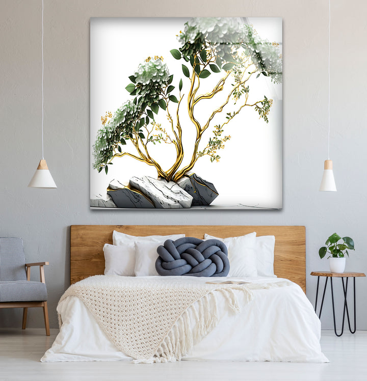 Goldene Bonsai-Baum-Wandkunst – Weißer Blumenglasdruck mit Marmorsteinen