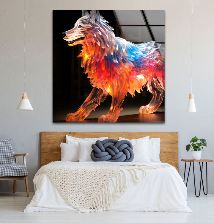Glowing Wolf Wall Art – Abstract Fiery Glass Sculpture Print Design