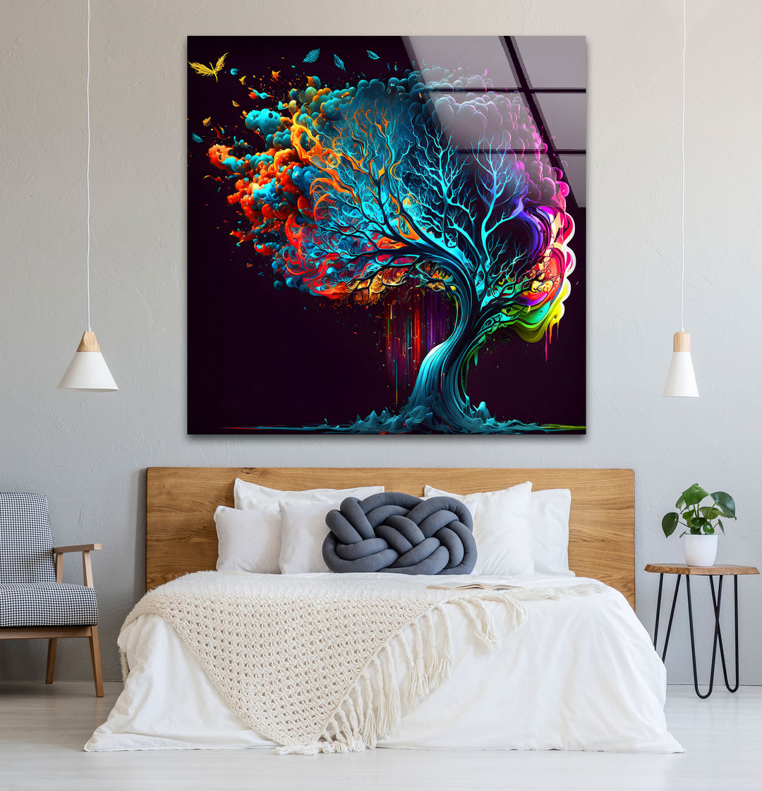 Farbenfrohe Fantasy-Baum-Wandkunst – Lebendiges abstraktes Glasdruck-Design