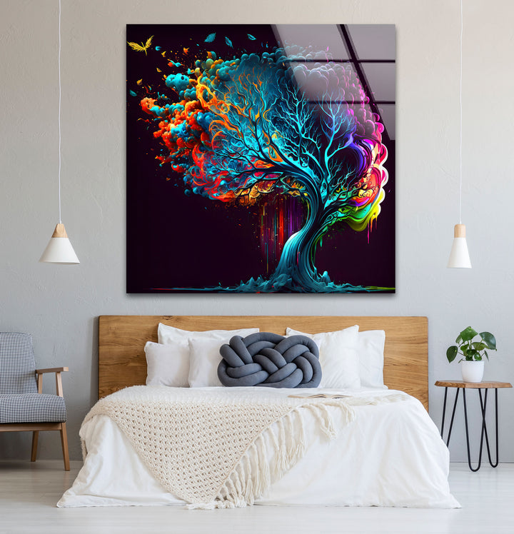 Farbenfrohe Fantasy-Baum-Wandkunst – Lebendiges abstraktes Glasdruck-Design