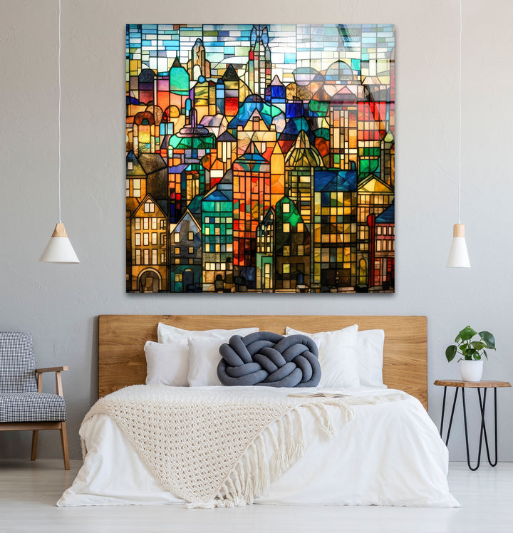 Bunte Stadtwandkunst aus Buntglas – Urban Skyline Glasdruck-Design