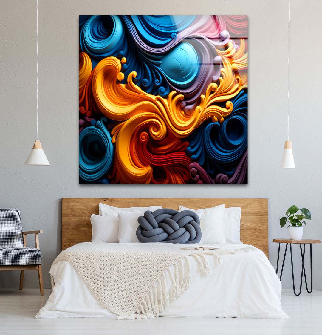 Vibrant Swirl Glass Wall Art – Bold Abstract Color Wave Design