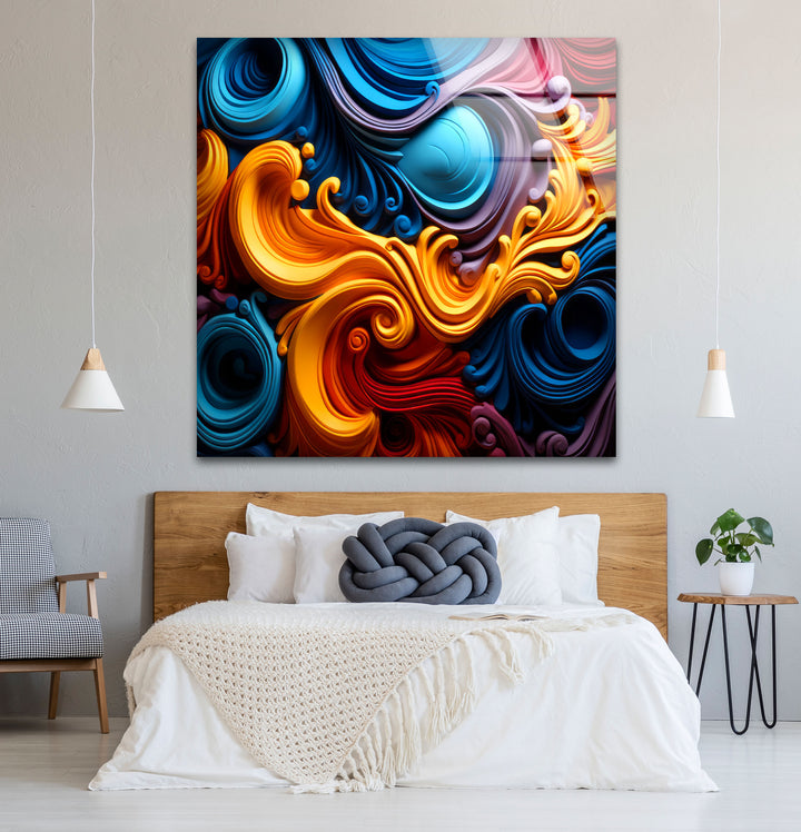 Vibrant Swirl Glass Wall Art – Bold Abstract Color Wave Design