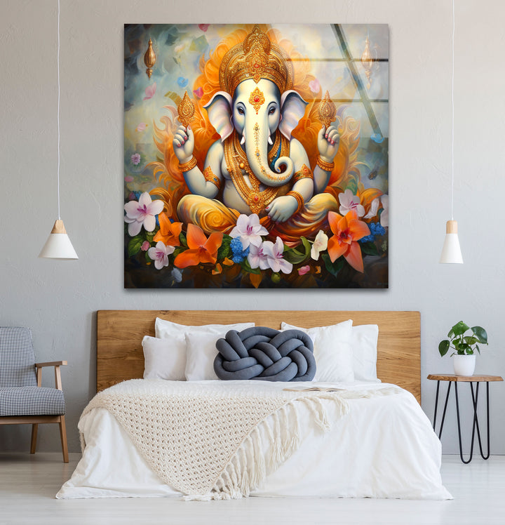 Sacred Ganesha Wall Art – Divine Floral Hindu Decor Glass Print