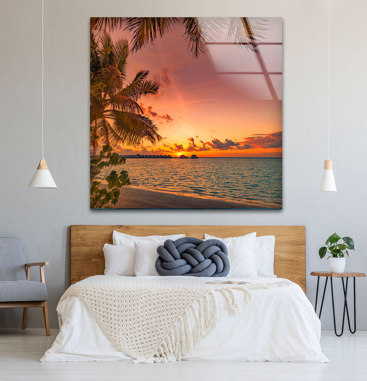 Tropical Sunset Beach Wall Art – Palm Tree Ocean View Glass Print