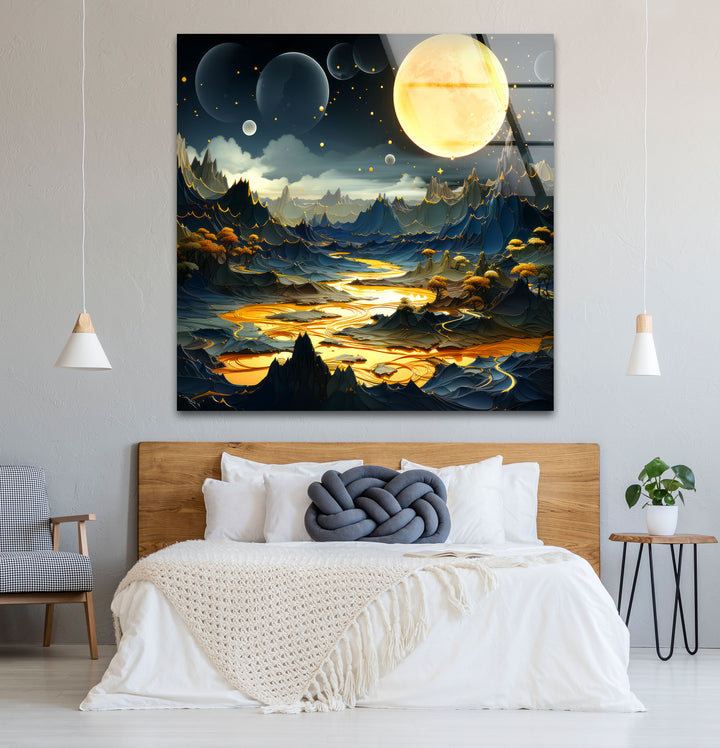 Fantasy Moonlit Landscape Wall Art – Surreal Glass Print with Golden River